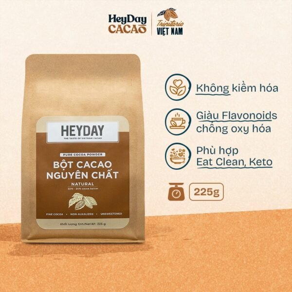 Bột cacao nguyên chất 100% không đưuờng - Dòng Natural thuần tự nhiên, không kiềm hoá - Túi giấy 225g - Heyday